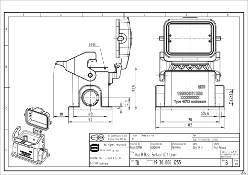 HARTING Sockelgehäuse Han 6B - IP65, 1x M20 Kabelabgang, Für Industrielle Steckverbinder
