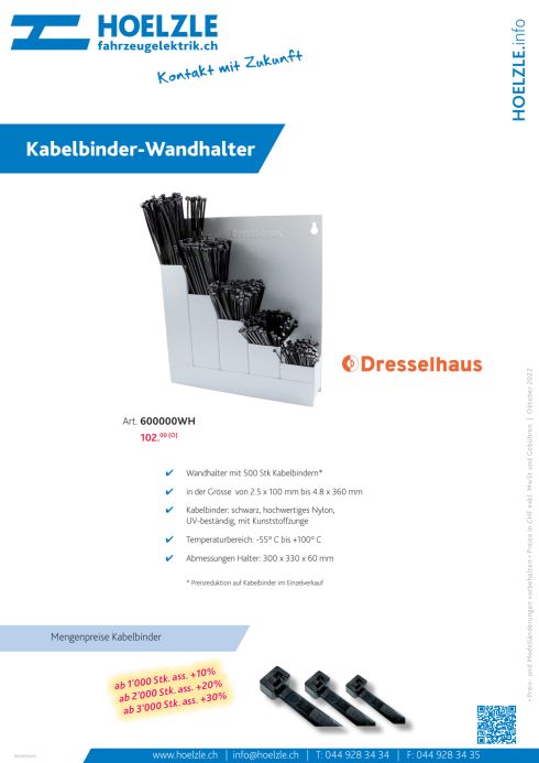 Kabelbinder-Wandhalter mit 500 Bindern schwarz – Hoelzle